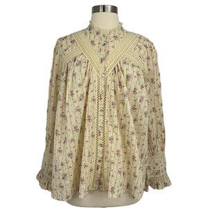 BA&SH Size 2 Haby Blouse Lace Trim Cream Floral Print Long Sleeve Ruffled Cuffs